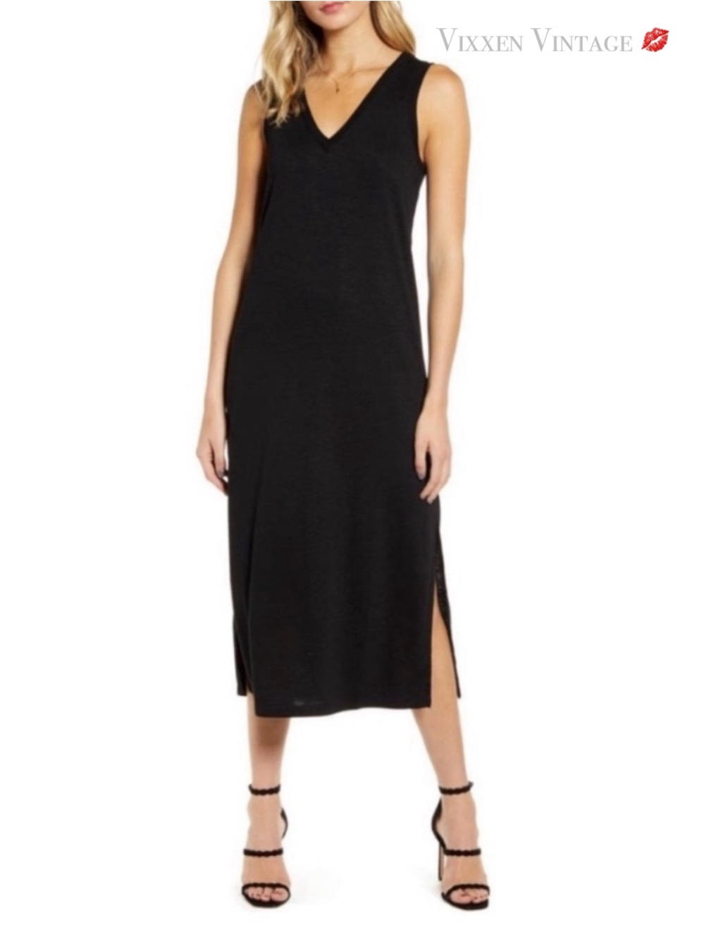 PAIGE SLEEVELESS V-NECK KNIT MIDI DRESS IN BLACK
